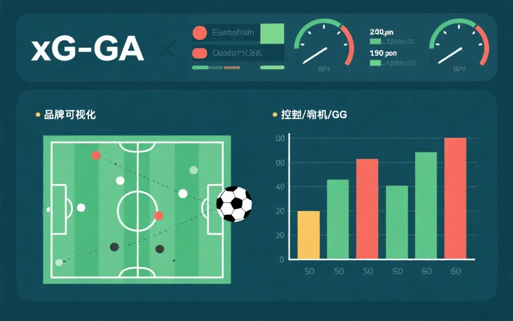 足球比赛数据可视化示例：xG-xGA散点图与控球射门xG并排条形图