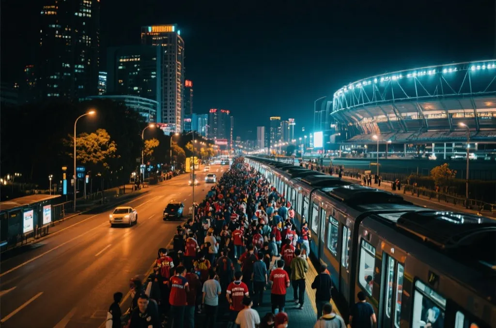 夜晚城市中球迷沿着公共交通路线前往球场，灯光与人流清晰